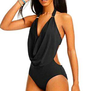 Bar III Summer Solids Cowlneck One-Piece‎ Swimsuit Black